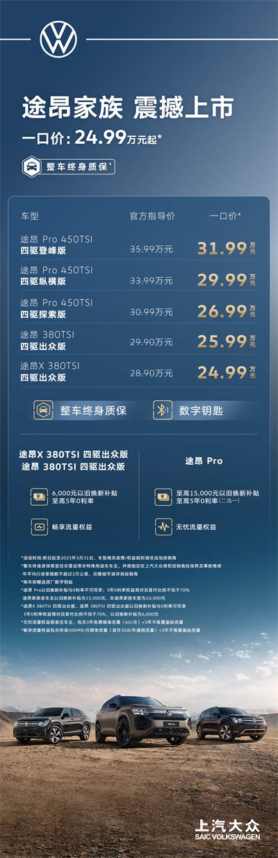 途昂 Pro 一口價(jià)26.99萬(wàn)元起！搭載第五代EA888發(fā)動(dòng)機(jī)，開啟全境旅程